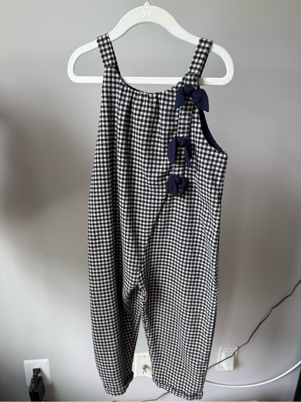 Zara Navy and White Gingham Jumpsuit with Navy Bow Details